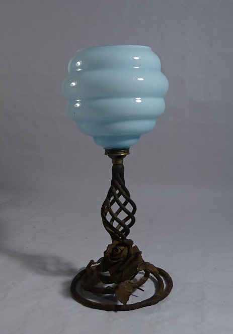 art nouverau table lamp blue glass wrought iron decorated with flowers