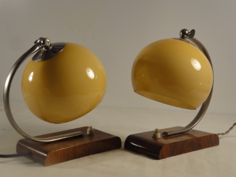 pair of original art deco bedside lamps wooden stand opal glass shade