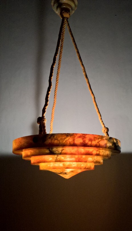 art deco alabaster hanging lamp amber
