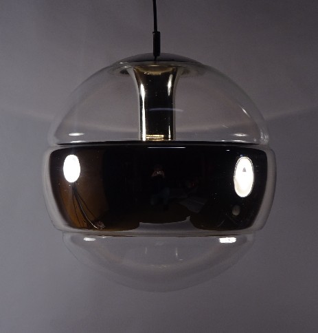 70's design big glas globe space age hanging lamp silver chrome ring vintage