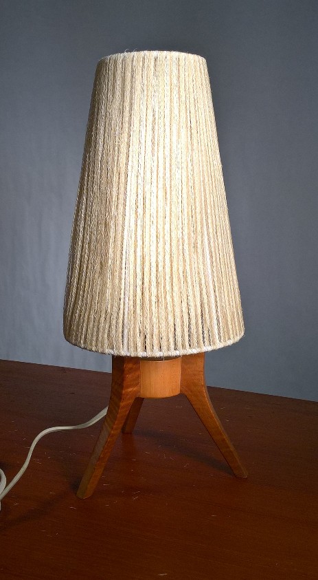 fifties holz tischleuchte textilschirm tripod lamp 1950 design
