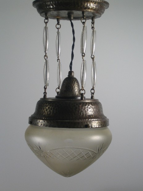 original art nouveau hanging lamp hammerd brass carved glass